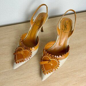 Iconic YSL (Yves Saint Laurent) Raffia and Leather Heart Slingback Pumps 36.5